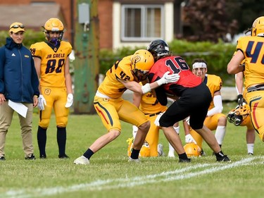 Cornwall Wildcats Colby Delves (No. 16), holds his line during play against the Kingston Jr. Gaels, on Saturday June 18, 2022 in Cornwall, Ont. Cornwall lost 34-23. Robert Lefebvre/Special to the Cornwall Standard-Freeholder/Postmedia Network
