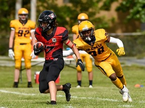 Cornwall Wildcats Noah Cardinal with possession in play against the Kingston Jr. Gaels, on Saturday June 18, 2022 in Cornwall, Ont. Cornwall lost 34-23. Robert Lefebvre/Special to the Cornwall Standard-Freeholder/Postmedia Network