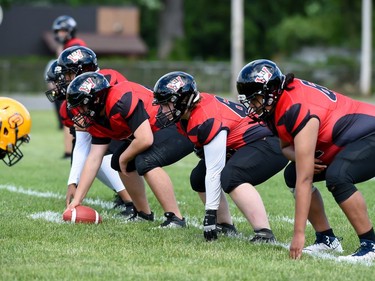 The Cornwall Wildcats offensive line, ready for the hike during play against the Kingston Jr. Gaels, on Saturday June 18, 2022 in Cornwall, Ont. Cornwall lost 34-23. Robert Lefebvre/Special to the Cornwall Standard-Freeholder/Postmedia Network