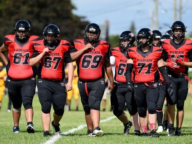 Cornwall Wildcats, from left, Charles Aldrich, Reilly Taillon, Jayvyn Ncube, Dylan Hunter, Matthew Levesque, and Colby Delves during play against the Kingston Jr. Gaels, on Saturday June 18, 2022 in Cornwall, Ont. Cornwall lost 34-23. Robert Lefebvre/Special to the Cornwall Standard-Freeholder/Postmedia Network