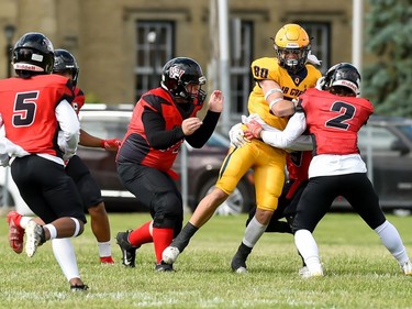 Cornwall Wildcats Logan Paulin (No. 2) makes the tackle during play against the Kingston Jr. Gaels, on Saturday June 18, 2022 in Cornwall, Ont. Cornwall lost 34-23. Robert Lefebvre/Special to the Cornwall Standard-Freeholder/Postmedia Network
