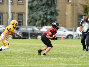 Cornwall Wildcats Noah Cardinal making a catch during play against the Kingston Jr. Gaels, on Saturday June 18, 2022 in Cornwall, Ont. Cornwall lost 34-23. Robert Lefebvre/Special to the Cornwall Standard-Freeholder/Postmedia Network