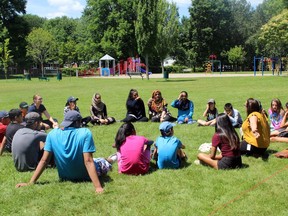 Junior youth learnng about recycling from Carilyne Hebert at Reg Campbell Park on Monday July 15, 2019 in Cornwall, Ont. Jane Macmillan/Special to the Cornwall Standard-Freeholder/Postmedia Network