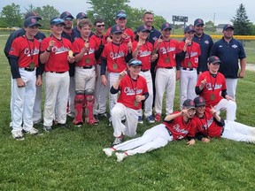 The Chatham 13U Diamonds celebrate after winning the championship game at the St. Thomas Cardinals baseball tournament in St. Thomas, Ont., on Sunday, June 5, 2022. The Diamonds are, front row, left: Jackson Liberty, Elliot Crow, Colin Stevenson and Bryden Parker. Middle row: Carson Labute, Roy Davidson, Logan Kuchta, Kayden Presley, Camden Arnold, Pearce Verhart, Dryden DeCook, Tiago Rolo and Owen Debicki. Back row: coaches Joe Liberty, Ryan Presley, Bryan Parker, Don DeCook, Don Arnold and Jonathan Presley. (Contributed Photo)