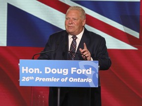 Ontario Premier Doug Ford speaks to the media in Toronto the day after winning a majority during the 2022 election.