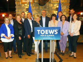Spruce Grove-Stony Plain MLA Searle Turton has announced his support for Travis Toews (pictured centre) in the upcoming UCP leadership election. Photo by Darren Makowich/Postmedia.