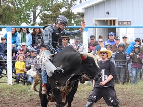 The stock was not impressed by the rainy conditions at the Hand Hills Lake Stampede, making participants earn every penny they won with rough rides throughout June 3-5. Jackie Irwin/Postmedia