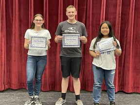 J.C. Charyk students Carson Kurbis, Jessa Reyes and Janice Siewert took home the prize for Prairie Lands 2022 Inclusivity Project on June 3. J.C. Charyk photo