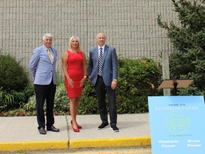 From left, Brockton Mayor Chris Peabody, Westario Power president and CEO Jenny Alfandary and Bruce Power president and CEO Mike Rencheck at the announcement that Electric Vehicle (EV) charging stations are to be installed at the Walkerton Community Centre.