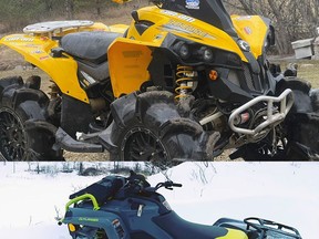 A yellow 2007 Can-Am ATV with distinguishing stickers and a grey and lime green 2021 Can-Am ATV were stolen along with the trailer on which they were being stored sometime between June 12 and 13.