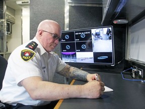 Kingston Police Insp. Greg Sands in the force's Incident Command Post after an afternoon of major incident command training on Wednesday. (Steph Crosier, The Whig-Standard)