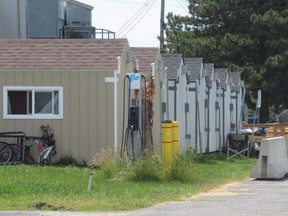 Sleeping cabins are seen on the Centre 70 property in Kingston's west end on June 30.