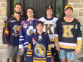 The hockey-playing sons of Rocco and Shannon Frasca of Caledon, from left, Jacob, 19, of the Barrie Colts, Nick, 14, of the Toronto Marlboros, Johnny, 11, of the Toronto Titans, Gabriel, 16, selected by the Kingston Frontenacs in the 2022 Ontario Hockey League Priority Selection, and Jordan, 20, who was an overage forward with the Frontenacs in the 2021-22 OHL season.