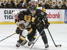 Kingston Frontenacs centre Shane Wright tries to get past Hamilton Bulldogs defenceman Nathan Staios while Logan Morrison backchecks in Ontario Hockey League action at the Leon's Centre on March 18.