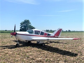 A pilot made a safe emergency landing in his four-seater plane Tues., June 14 in a soybean field near Huron Park. OPP photo