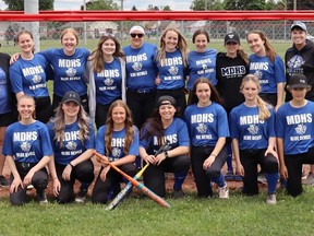 The Mitchell District high school girls slo-pitch team captured the B championship in the H-P tournament recently, defeating Goderich 15-10. SUBMITTED