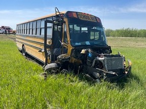 A school bus that crashed in the Gunn area had no children on board.  No one was injured except the alleged driver.