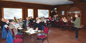 Photo by KEVIN McSHEFFREYA A group of approximately 25 Elliot Lake residents attended a meeting at Mount Dufour Ski Resort to hear Rob Leverty explain the benefits and process of establishing a local historical society.