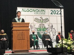 Algonquin College Pembroke Waterfront Campus Class of 2022 valedictorian Steven Lafond delivers his address during convocation ceremonies on Friday, June 3 at the Pembroke Memorial Centre. Submitted photo