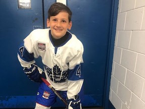 Auzzie Waston, 10, son of Blair and Diane Watson of Pembroke will be wearing the blue and white of Toronto Pro Hockey Development Group in July as he competes at The Brick Invitational Hockey Tournament in Edmonton.