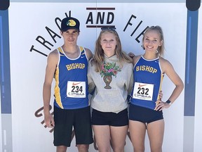 From left, Ryan Pilatzke, Jayden Colligan and Claire Edmonds from Bishop Smith Catholic High School competed in the Ontario Federation of Schools Athletic Associaiton's track and field championships held at at York University in June.