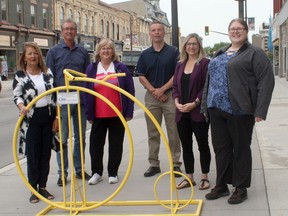 Orr Insurance and Investment recently covered the cost of a new bike rack installed downtown Seaforth in front of town hall in memory of the late Jan Hawley. Pictured from left are Seaforth BIA chair Shelly Stanley, Jeff Orr of Orr Insurance, Seaforth BIA secretary Maureen Agar and Randy Nixon, Amanda Rutledge and Ruth-Ann Kirkby of Orr Insurance. Scott Nixon