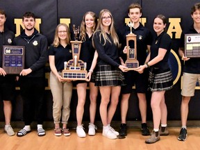 St. Mike’s recently recognized its major athletic award winners from 2021-22. From left: Jacob Hall, Matt Campell, Erin Blaine, Avery Aarts, Nicole Simmons, Nick Houben, Laine Young, Jackson Campbell. Absent:  Lauren Martin, Carter Chessel, Alexis Hinds.