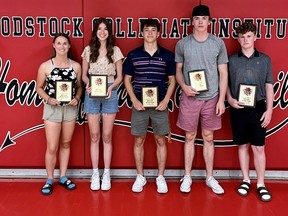 Woodstock Collegiate Institute recently recognized its 2021-22 Athletes of the Year. From left: Jacquelyn Yates, Sam Craven, Andrew Docherty, Tyler Magoffin and Ty Law.