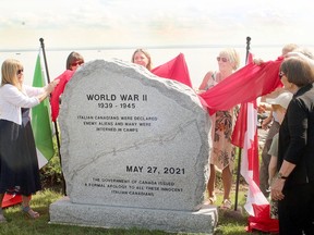 Descendants of Italian Canadians interned during the Second World War unveil a stone honouring them, and the federal apology issued last year, Saturday at the North Bay waterfront.
PJ Wilson/The Nugget