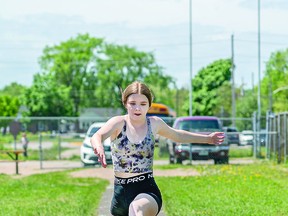 CITY MEET TO COME Algoma District School Board's three zone track and field meets took place last week at the Jo Forman track. Eva Tuomela, 14, a student at F.H. Clergue School is off to a hop, skip and jump in the triple jump event where she finished in second place at the Zone C event. The Sault Ste. Marie elementary school city meet will take place on June 13. BOB DAVIES