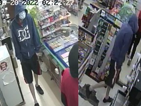 SDG OPP photo of surveillance footage of a suspect in the June 20, 2022, robbery at the Circle K in Long Sault.