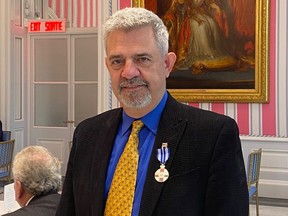 Alex Mustakas wears his Meritorious Service Medal at Rideau Hall. The Drayton Entertainment founder received the award from Gov. Gen. Mary Simon May 26. (Submitted)