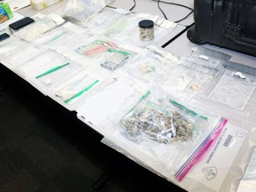 Lambton OPP said they seized cocaine, MDMA, LSD, psilocybin, oxycodone, and cash while raiding a Watford home on Jan. 7, 2021. (Lambton OPP)