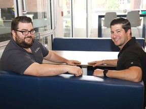 Steve Gravel, left, manager of the Centre for Smart Mining at Cambrian College, and Mike Commito, director of Applied Research at Cambrian, are marking the first year of their podcast, The Unlikely Innovators. John Lappa/Sudbury Star/Postmedia Network