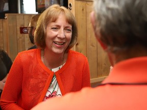 Nickel Belt NDP candidate France Gelinas chats with supporters at election night headquarters in Val Caron, Ont. on Thursday June 2, 2022. John Lappa/Sudbury Star/Postmedia Network