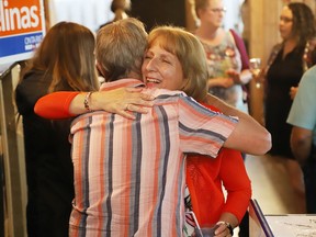 Nickel Belt NDP candidate France Gelinas is greeted by a supporter at election night headquarters in Val Caron, Ont. on Thursday June 2, 2022. John Lappa/Sudbury Star/Postmedia Network