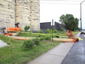 Greater Sudbury Police investigate a workplace incident that occurred on Notre Dame Avenue in Sudbury, Ont. on Monday June 6, 2022. A worker was critically injured after a lift collapsed near the Flour Mill silos.
