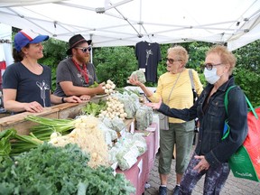 Jennifer Holub, left, and Eric Blondin, of Three Forks Farms, look on as Claudette Dicaire and Theresa Tillman, right, check over the produce at The Sudbury Summer Market on the grounds of Science North in Sudbury, Ont. on Thursday June 9, 2022. The market hours at 2 p.m. to 6 p.m. on Thursday, and 9 a.m. to 2 p.m. at the market location on Elgin Street across from the arena. John Lappa/Sudbury Star/Postmedia Network