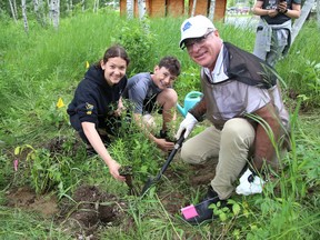 Emma Lascelle, 11, left, and Erik Del Papa, 12, of R.L. Beattie Public School, participate in planting native shrubs and wildflowers under the guidance of Tim Hickey, of TD Private Wealth Management, at Kivi Park in Sudbury, Ont. on Thursday June 16, 2022. More than 125 Grade 5 and 6 students from the school planted 1265 plants thanks to TD Canada's Friends of the Environment Foundation Grant. TD Canada has donated $25,000 over two years to support Kivi ParkÕs re-greening efforts. John Lappa/Sudbury Star/Postmedia Network