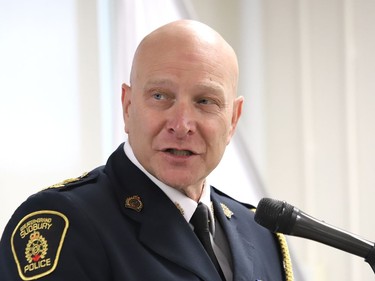 Greater Sudbury Police Chief Paul Pedersen makes a point at the Workers' Memorial Day service at Branch 76 of the Royal Canadian Legion in Sudbury, Ont. on Monday June 20, 2022. John Lappa/Sudbury Star/Postmedia Network