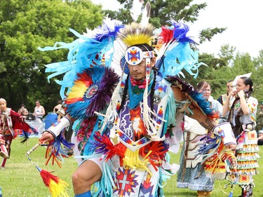 Albert Plant dances in his regalia at a pow wow event celebrating National Indigenous Peoples Day at Bell Park in Sudbury, Ont. on Tuesday June 21, 2022. John Lappa/Sudbury Star/Postmedia Network