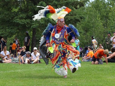 Paskwa Lightning dances in his regalia at a pow wow event celebrating National Indigenous Peoples Day at Bell Park in Sudbury, Ont. on Tuesday June 21, 2022. John Lappa/Sudbury Star/Postmedia Network