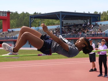 Sarah Guignard, of Valley View Public School, competes in a high jump event at the elementary school Pentathlon Meet at the Laurentian Community Track Complex in Sudbury, Ont. on Tuesday June 21, 2022. John Lappa/Sudbury Star/Postmedia Network