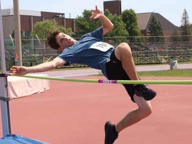Owen Blay, of Valley View Public School, competes in a high jump event at the elementary school Pentathlon Meet at the Laurentian Community Track Complex in Sudbury, Ont. on Tuesday June 21, 2022. John Lappa/Sudbury Star/Postmedia Network