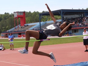 Sarah Guignard, of Valley View Public School, competes in a high jump event at the elementary school Pentathlon Meet at the Laurentian Community Track Complex in Sudbury, Ont. on Tuesday June 21, 2022. John Lappa/Sudbury Star/Postmedia Network