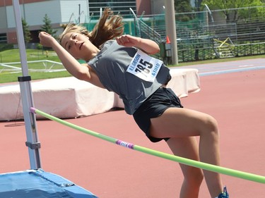 Addison May Gibbs, of Valley View Public School, competes in a high jump event at the elementary school Pentathlon Meet at the Laurentian Community Track Complex in Sudbury, Ont. on Tuesday June 21, 2022. John Lappa/Sudbury Star/Postmedia Network