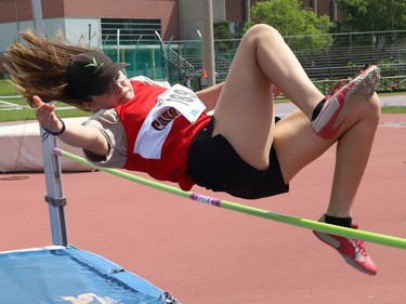 Isabelle Roy, of Northeastern Elementary School, competes in a high jump event at the elementary school Pentathlon Meet at the Laurentian Community Track Complex in Sudbury, Ont. on Tuesday June 21, 2022. John Lappa/Sudbury Star/Postmedia Network