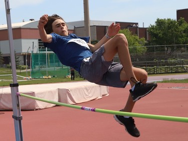 Jack Jones, of Valley View Public School, competes in a high jump event at the elementary school Pentathlon Meet at the Laurentian Community Track Complex in Sudbury, Ont. on Tuesday June 21, 2022. John Lappa/Sudbury Star/Postmedia Network