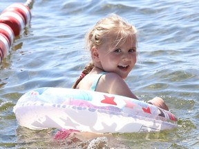 Vivienne Bimm, 3, goes for a refresh dip in Ramsey Lake in Sudbury, Ont. on Wednesday June 22, 2022. John Lappa/Sudbury Star/Postmedia Network