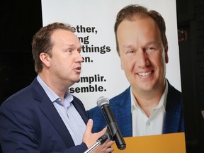 Greater Sudbury mayoral candidate Paul Lefebvre addresses supporters at the launch of his campaign in Val Caron, Ont. on Thursday June 23, 2022. John Lappa/Sudbury Star/Postmedia Network